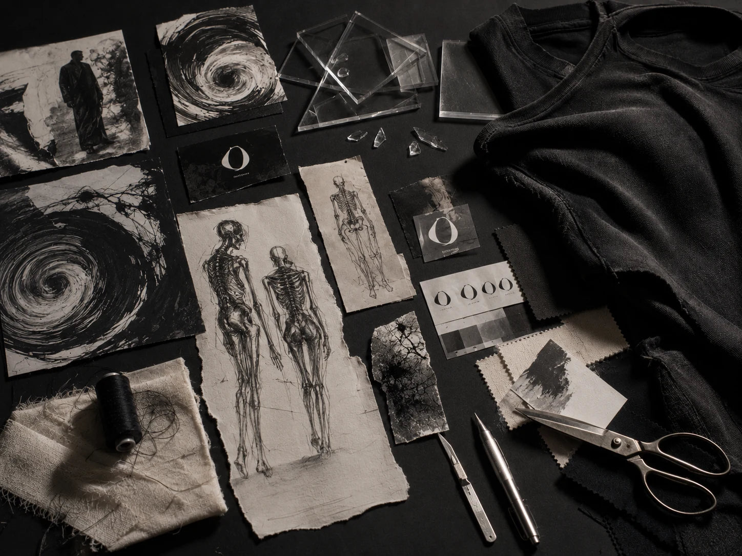 AFTERFORM process materials, layouts and garment studies arranged on a dark work surface.