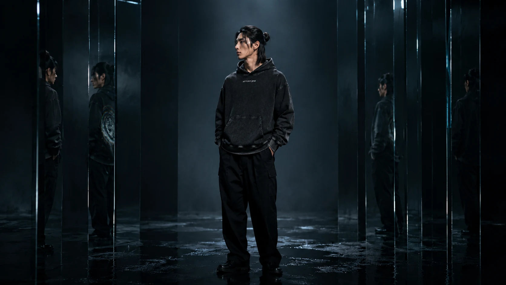 AFTERFORM campaign figure in a dark reflective studio.