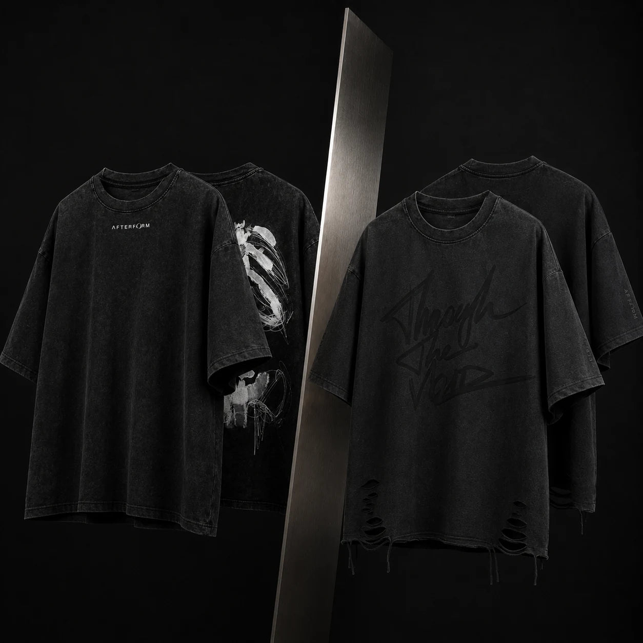 Washed black AFTERFORM graphic tee studies arranged around a reflective divider.