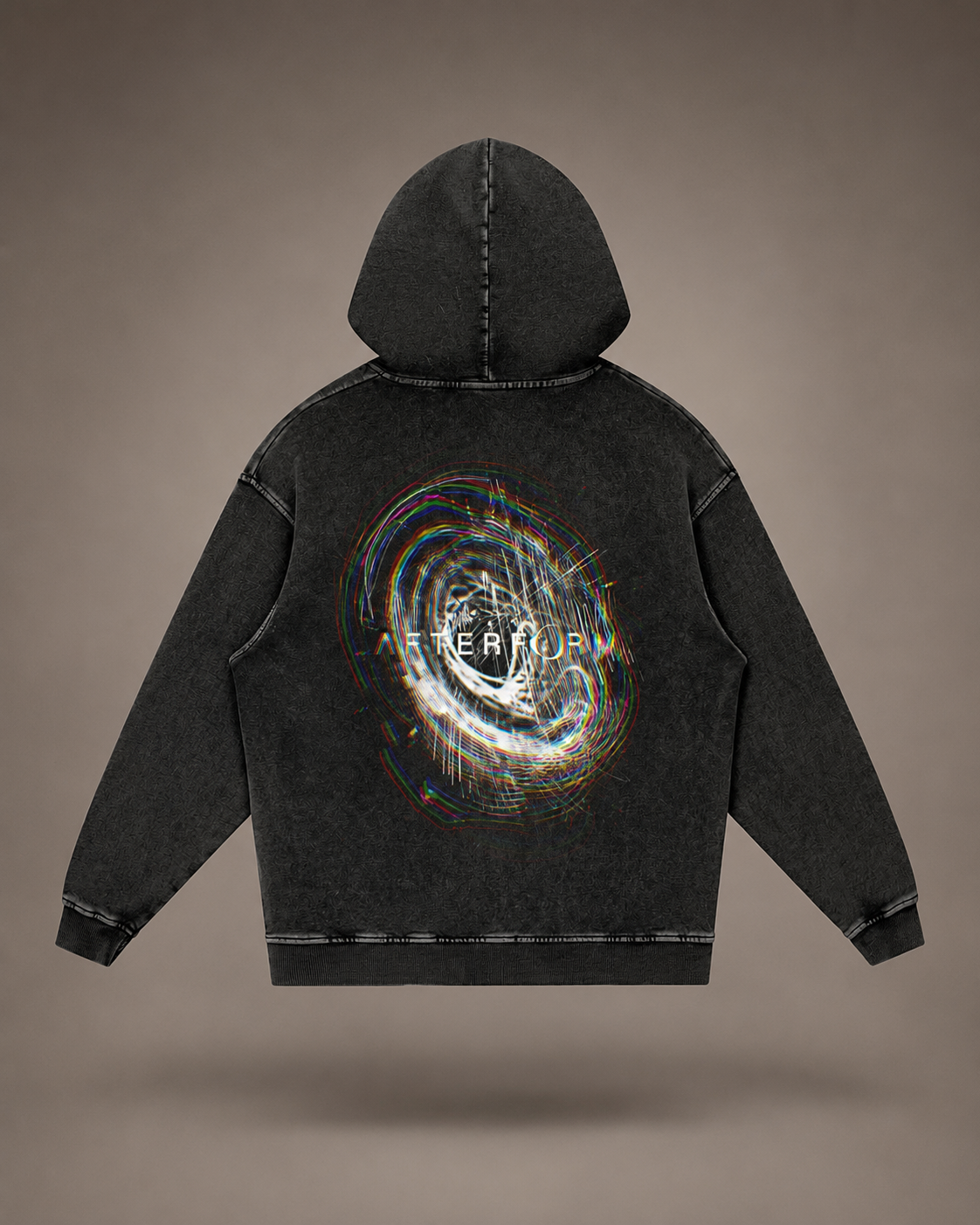 Back view of AFTERFORM NULL Washed Loose Cotton Hoodie with rear artwork