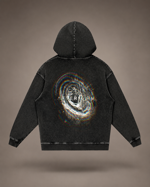 Back view of AFTERFORM NULL Washed Loose Cotton Hoodie with rear artwork