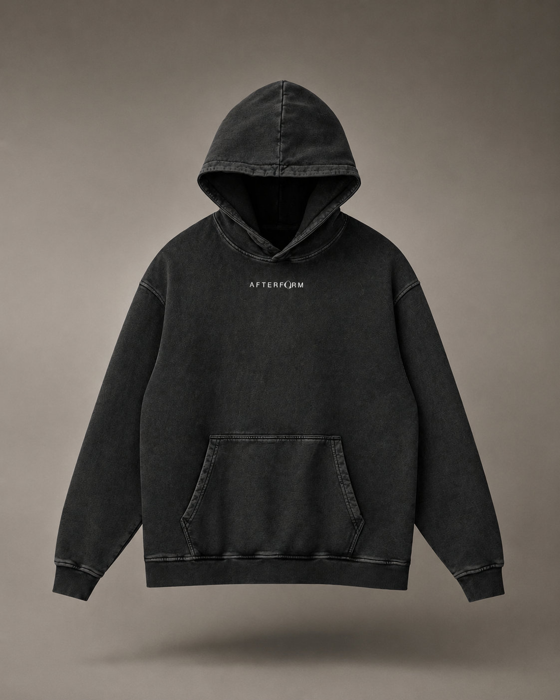 Front view of AFTERFORM NULL Washed Loose Cotton Hoodie in washed black