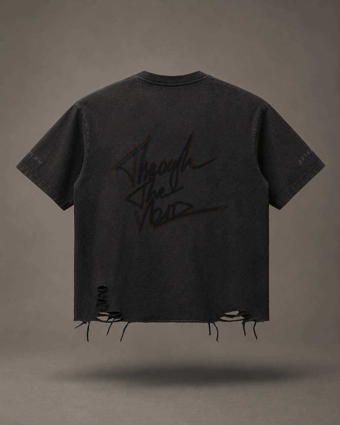 Back view of AFTERFORM VOID Washed Raw-Hem T-Shirt with rear artwork