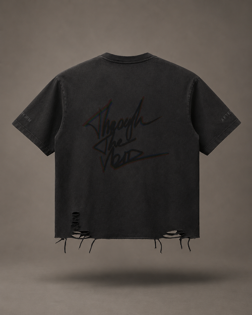 Back view of AFTERFORM VOID Washed Raw-Hem T-Shirt with rear artwork